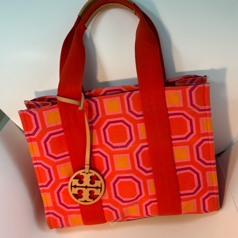 Tory Burch canvas tote bag with leather bottom. Dimensions are 12 by 15